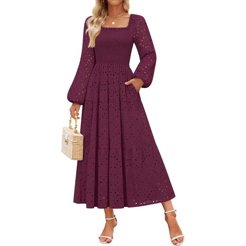 imageZESICA Womens Fall Long Sleeve Maxi Dresses 2026 Square Neck Hollow Out Eyelet Smocked A Line Cocktail Party DressFuchsia