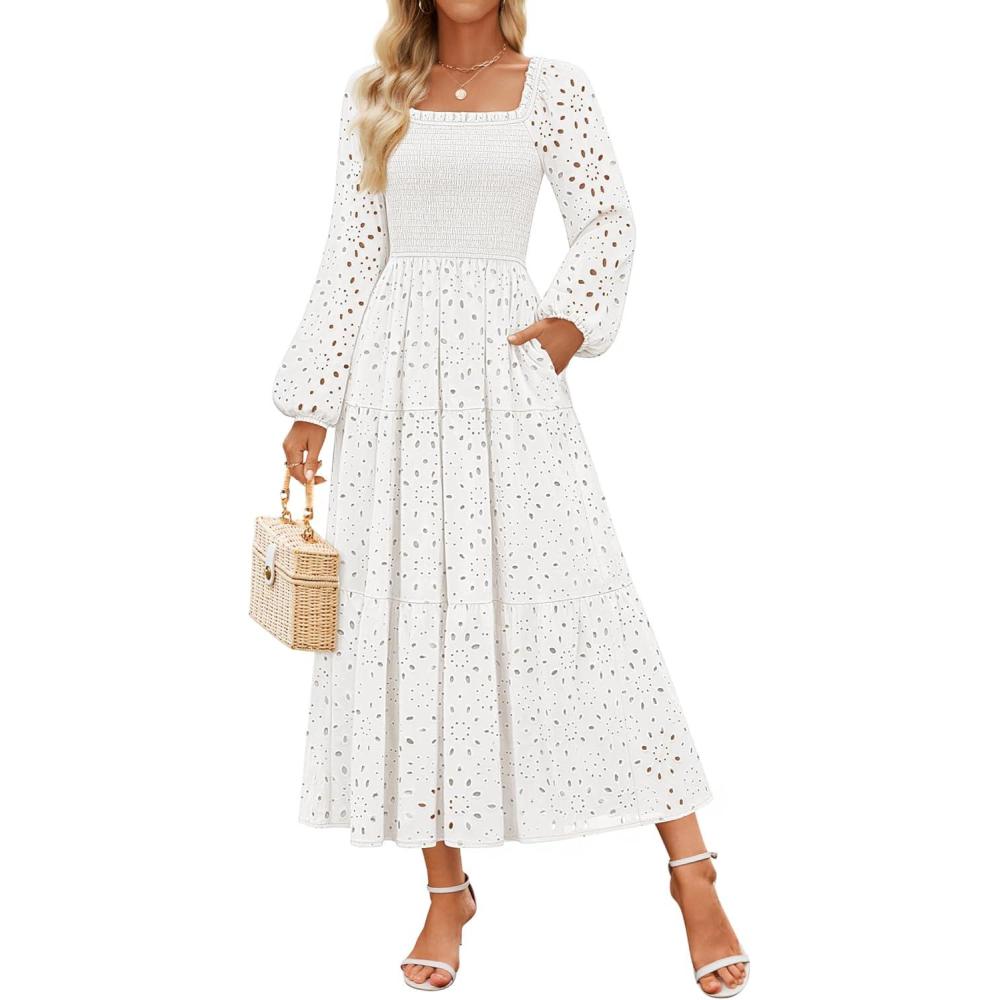 imageZESICA Womens Fall Long Sleeve Maxi Dresses 2026 Square Neck Hollow Out Eyelet Smocked A Line Cocktail Party DressWhite