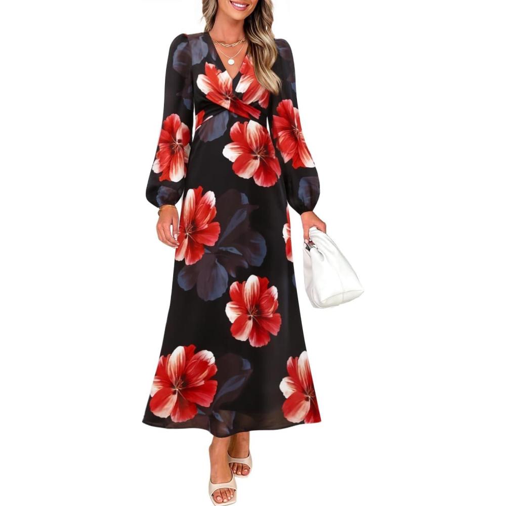 imageZESICA Womens Floral Long Sleeve Midi Dresses 2026 Fall Boho V Neck Belted High Wasit Flowy Wedding Cocktail Party DressBlack