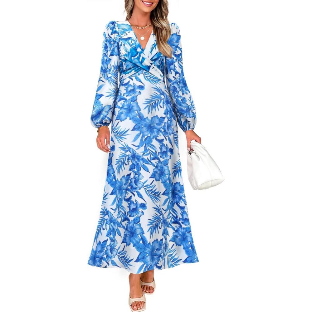 imageZESICA Womens Floral Long Sleeve Midi Dresses 2026 Fall Boho V Neck Belted High Wasit Flowy Wedding Cocktail Party DressBlue