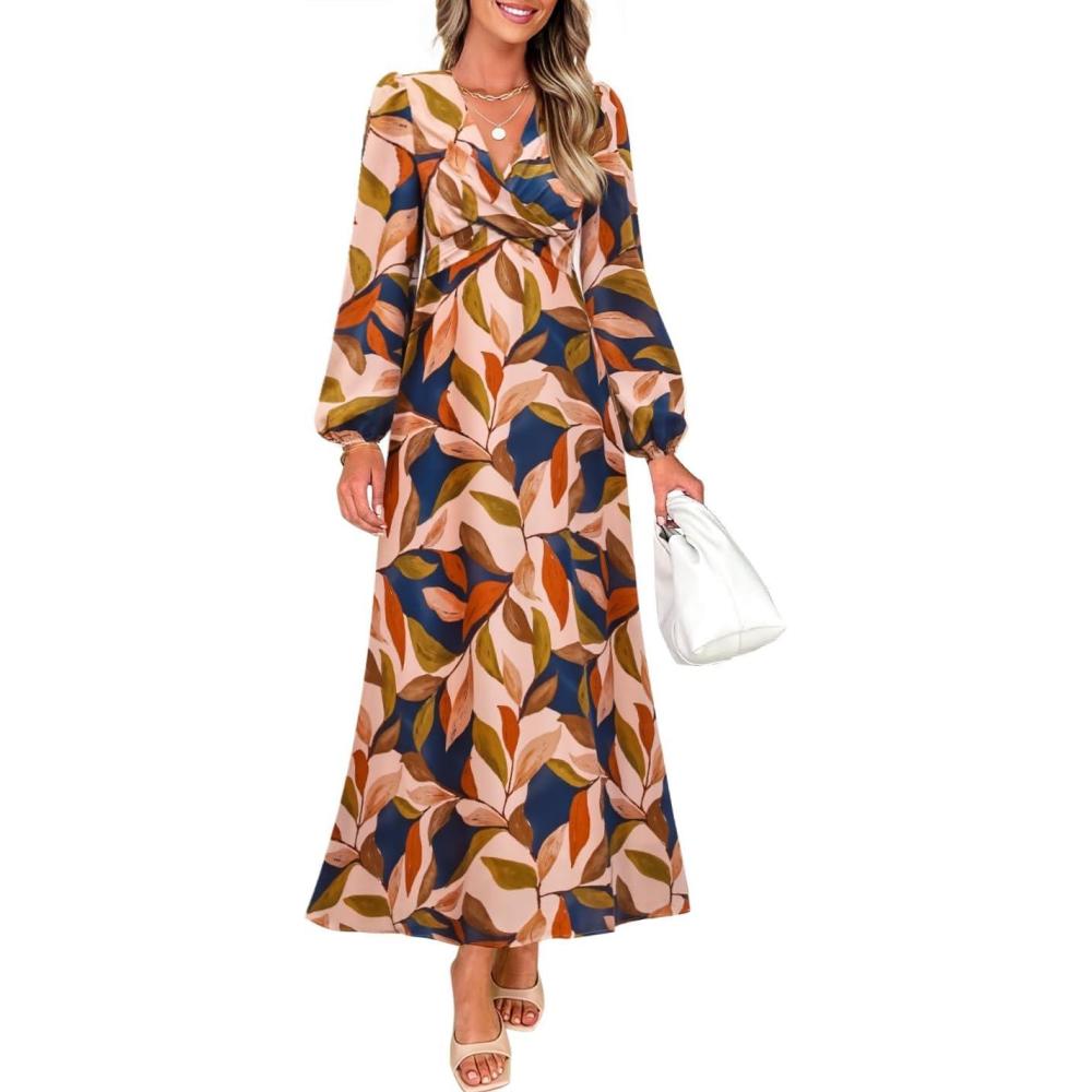 imageZESICA Womens Floral Long Sleeve Midi Dresses 2026 Fall Boho V Neck Belted High Wasit Flowy Wedding Cocktail Party DressBrown