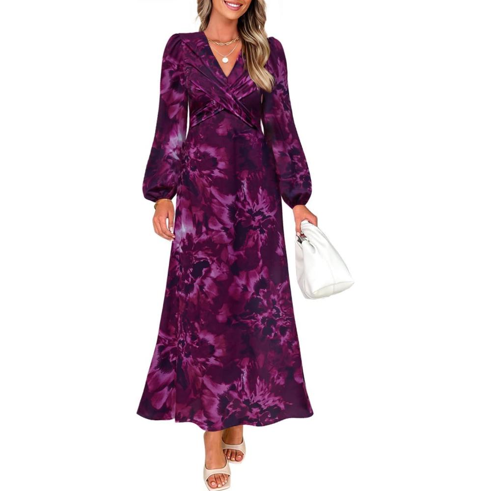 imageZESICA Womens Floral Long Sleeve Midi Dresses 2026 Fall Boho V Neck Belted High Wasit Flowy Wedding Cocktail Party DressDarkpurple