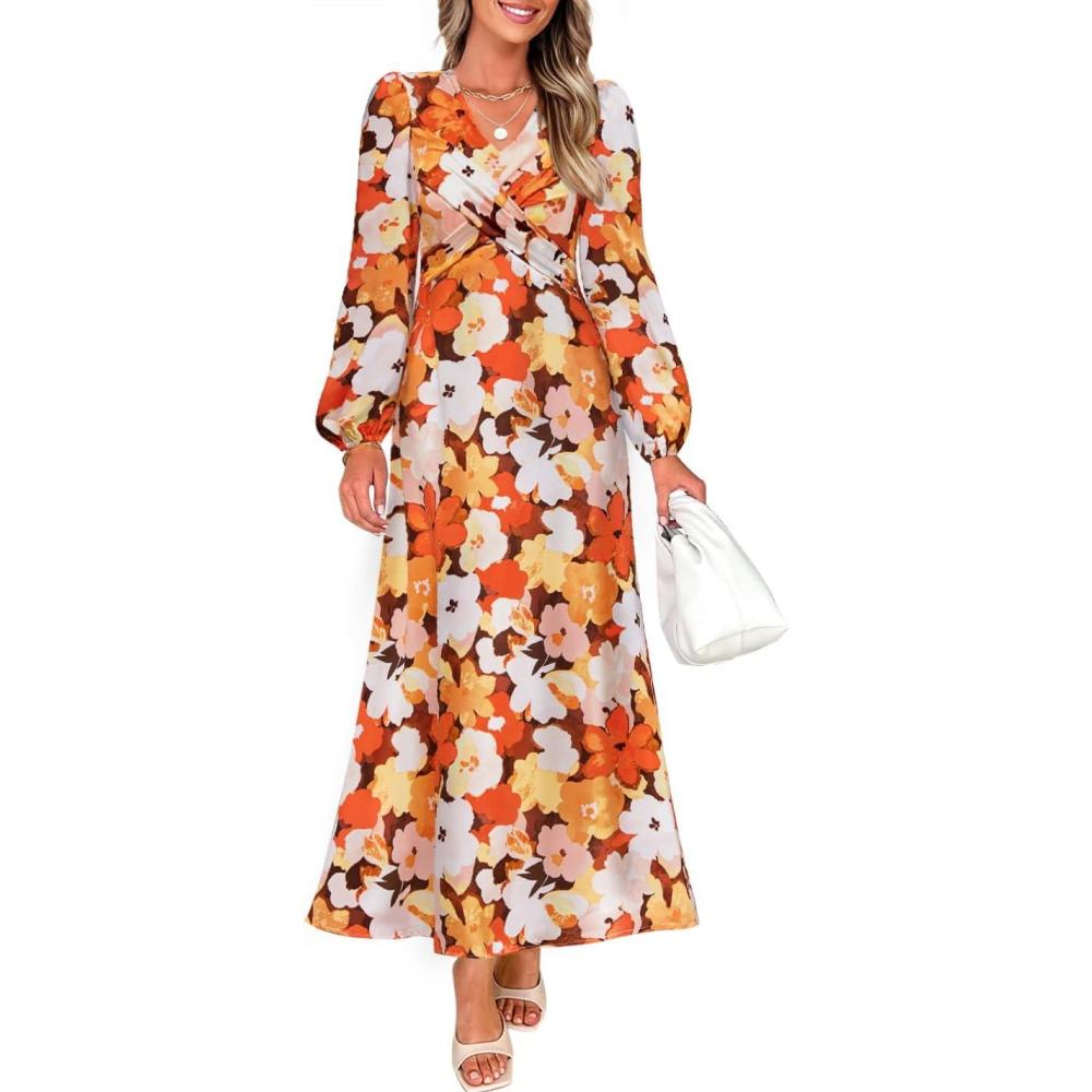 imageZESICA Womens Floral Long Sleeve Midi Dresses 2026 Fall Boho V Neck Belted High Wasit Flowy Wedding Cocktail Party DressTangerine