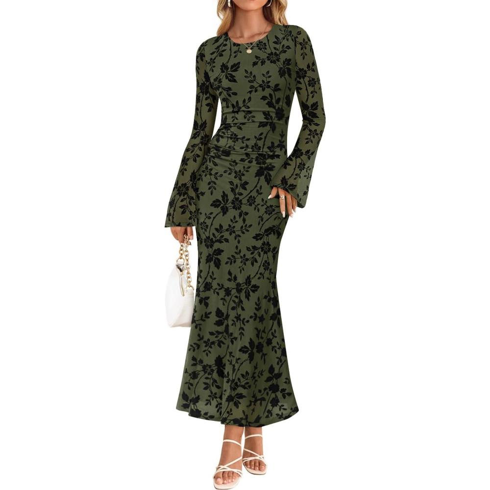 imageZESICA Womens Long Sleeve Floral Bodycon Dress 2026 Spring Fall Ruched Mesh Wedding Guest Cocktail Party Maxi DressesArmy Green