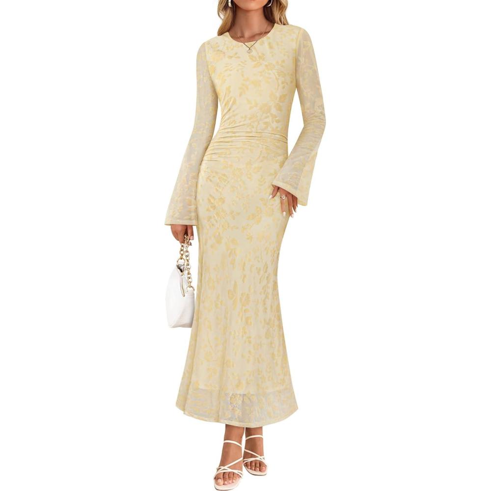 imageZESICA Womens Long Sleeve Floral Bodycon Dress 2026 Spring Fall Ruched Mesh Wedding Guest Cocktail Party Maxi DressesBeige Yellow