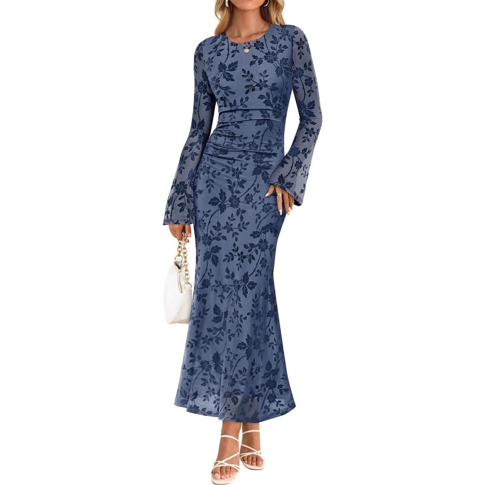 imageZESICA Womens Long Sleeve Floral Bodycon Dress 2026 Spring Fall Ruched Mesh Wedding Guest Cocktail Party Maxi DressesDusty Blue