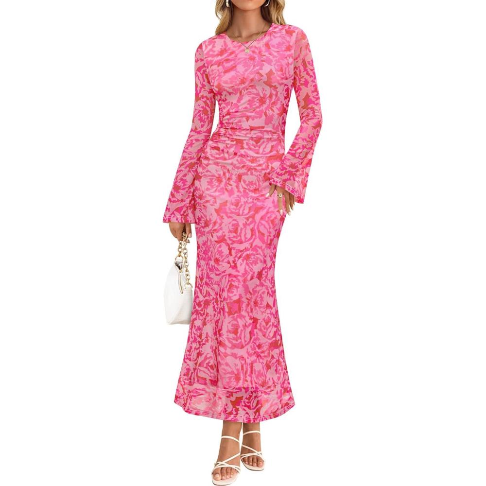 imageZESICA Womens Long Sleeve Floral Bodycon Dress 2026 Spring Fall Ruched Mesh Wedding Guest Cocktail Party Maxi DressesFloral Rose