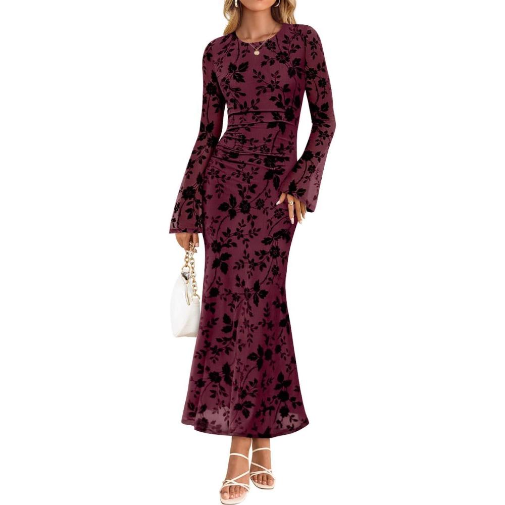 imageZESICA Womens Long Sleeve Floral Bodycon Dress 2026 Spring Fall Ruched Mesh Wedding Guest Cocktail Party Maxi DressesMauve