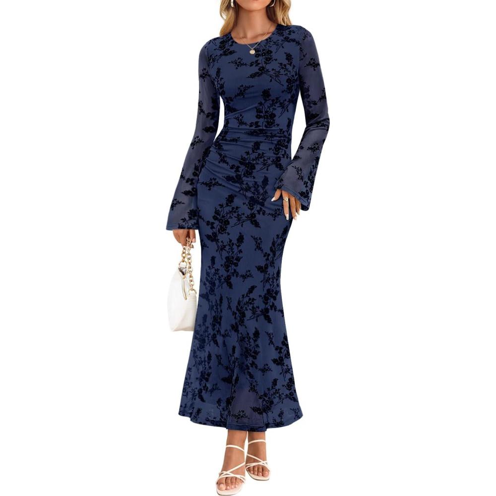 imageZESICA Womens Long Sleeve Floral Bodycon Dress 2026 Spring Fall Ruched Mesh Wedding Guest Cocktail Party Maxi DressesNavy