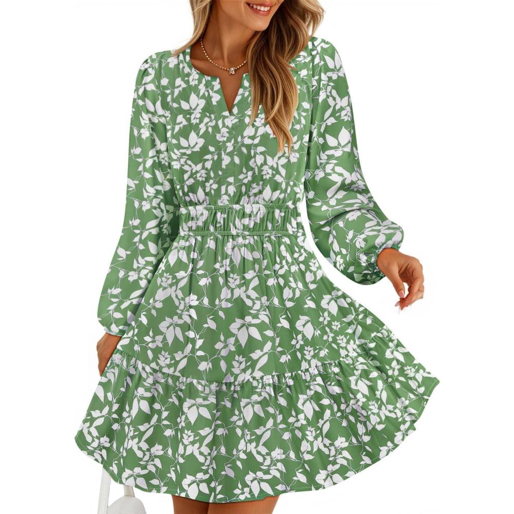 imageZESICA Womens Spring Long Sleeve Floral Mini Dress 2026 Summer Boho V Neck ALine Flowy Dresses Beach Vacation ClothesGreen