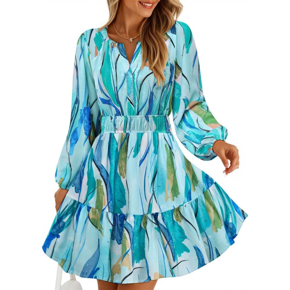 imageZESICA Womens Spring Long Sleeve Floral Mini Dress 2026 Summer Boho V Neck ALine Flowy Dresses Beach Vacation ClothesLake