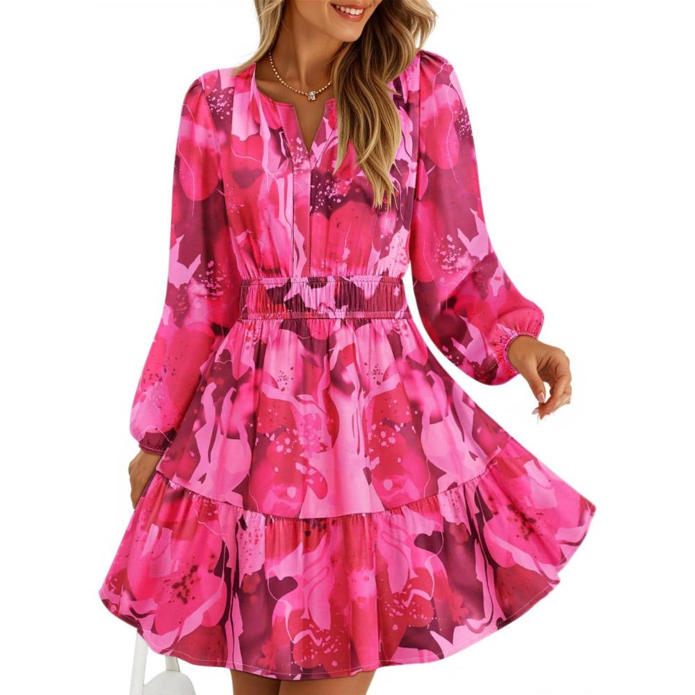 imageZESICA Womens Spring Long Sleeve Floral Mini Dress 2026 Summer Boho V Neck ALine Flowy Dresses Beach Vacation ClothesRose