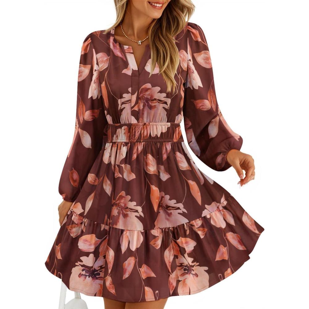 imageZESICA Womens Spring Long Sleeve Floral Mini Dress 2026 Summer Boho V Neck ALine Flowy Dresses Beach Vacation ClothesRose Brown