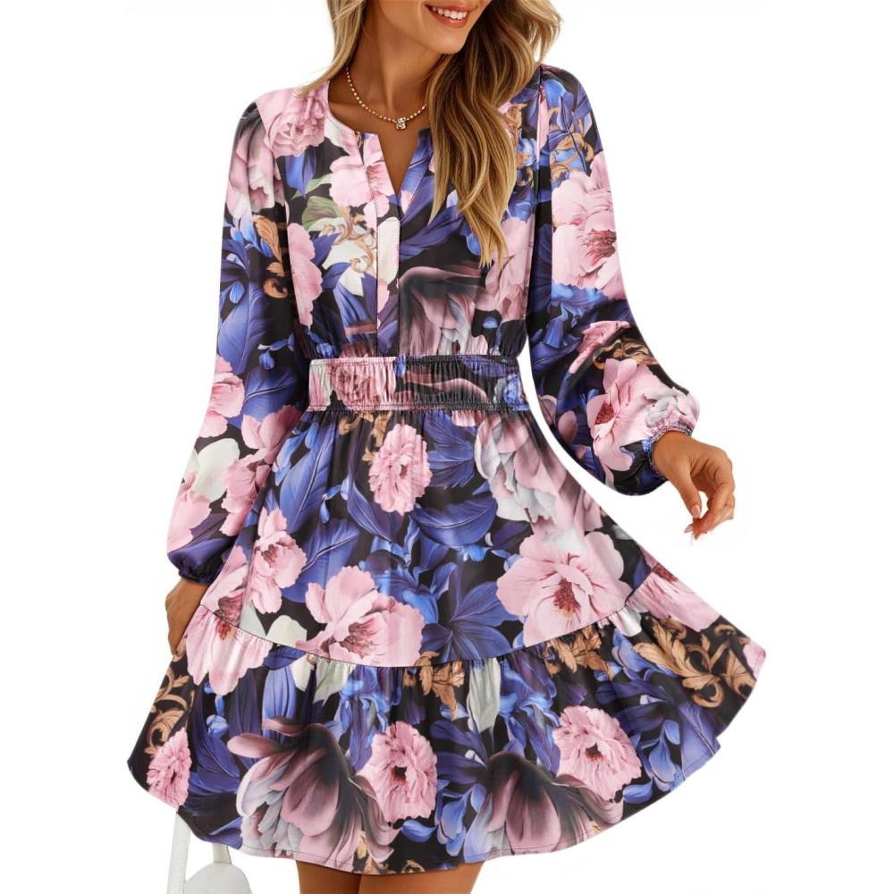 imageZESICA Womens Spring Long Sleeve Floral Mini Dress 2026 Summer Boho V Neck ALine Flowy Dresses Beach Vacation ClothesRoyal