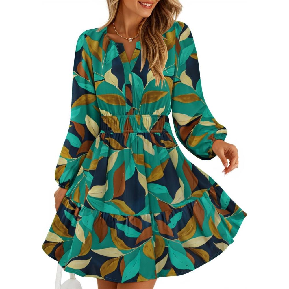 imageZESICA Womens Spring Long Sleeve Floral Mini Dress 2026 Summer Boho V Neck ALine Flowy Dresses Beach Vacation ClothesTurquoise