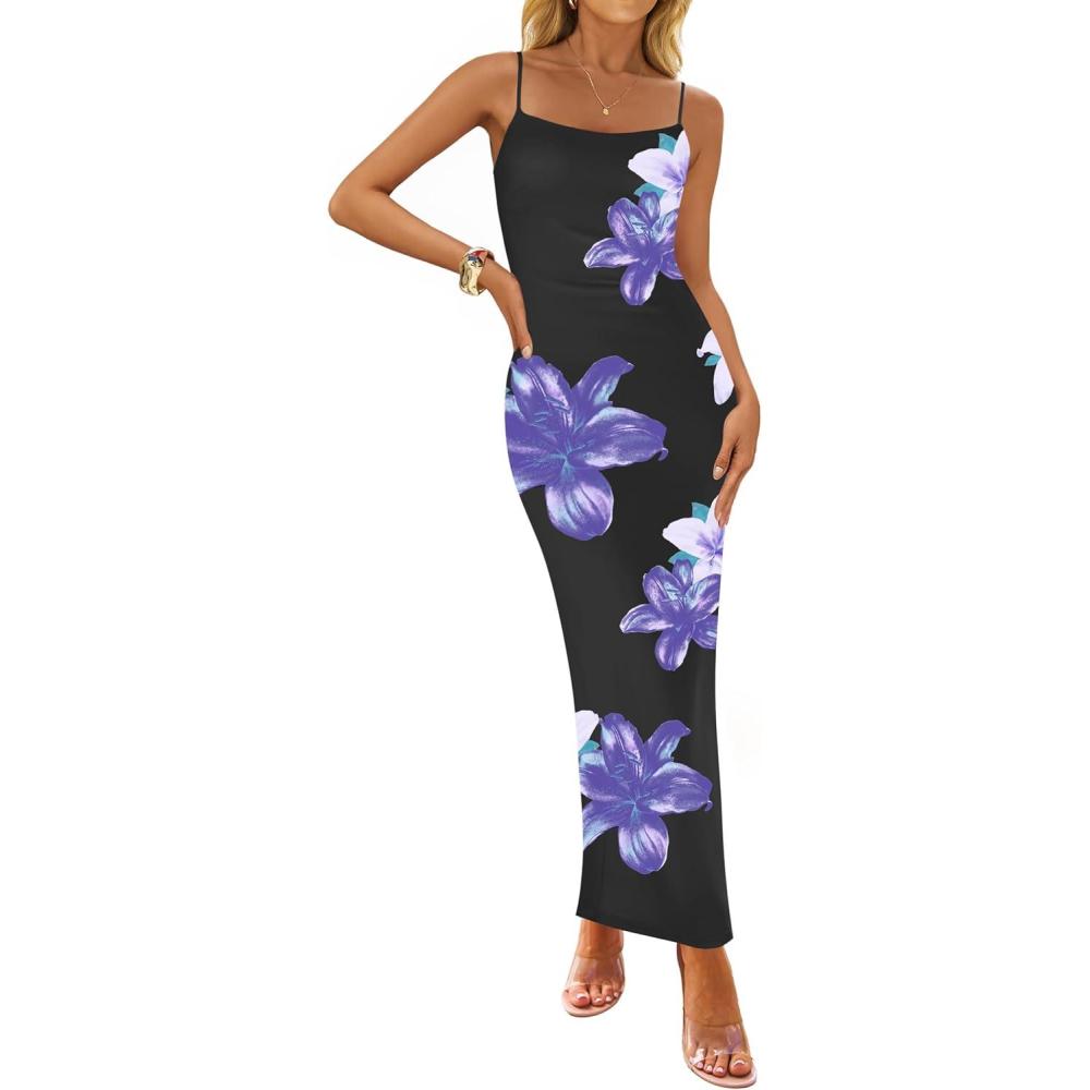 imageZESICA Womens Summer Bodycon Maxi Dresses 2026 Floral Spaghetti Strap Square Neck Sleeveless Boho Beach Long DressesDarkpurple