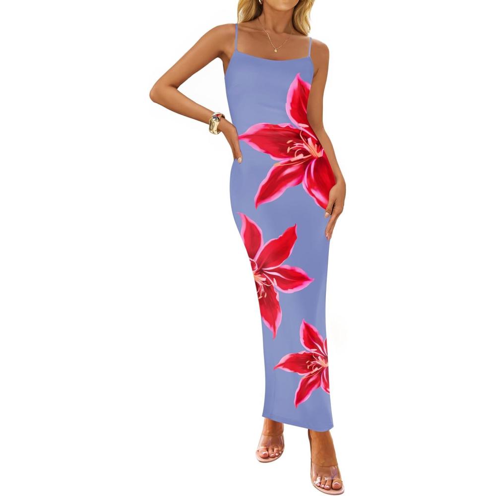imageZESICA Womens Summer Bodycon Maxi Dresses 2026 Floral Spaghetti Strap Square Neck Sleeveless Boho Beach Long DressesDusty Blue