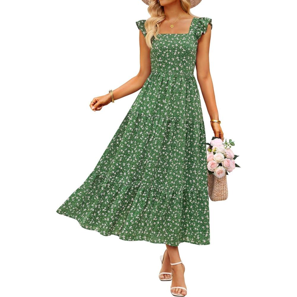 imageZESICA Womens Summer Boho Floral Midi Dress 2026 Casual Ruffle Cap Sleeve Beach Wedding Guest Flowy Tiered Long DressesGrassgreen