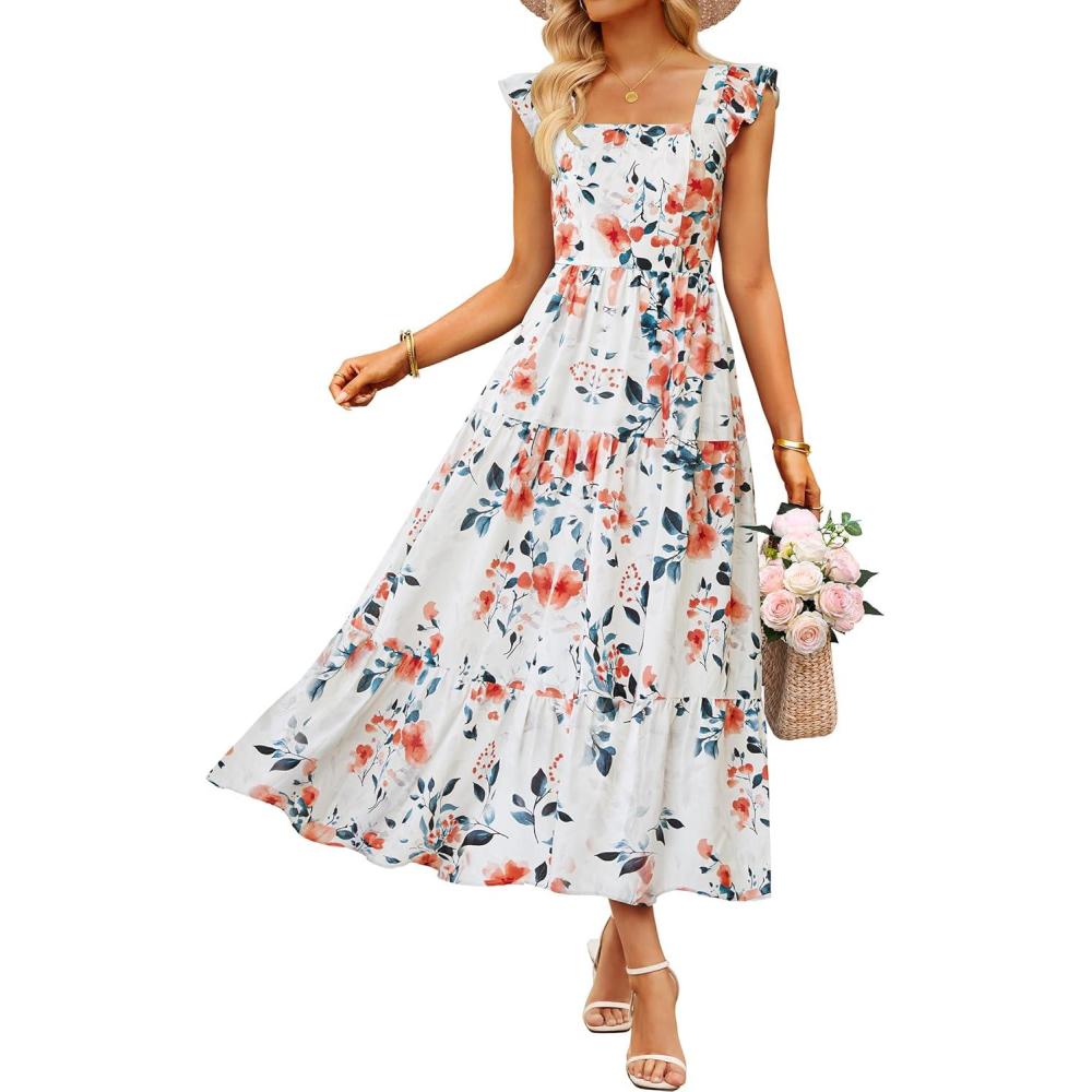 imageZESICA Womens Summer Boho Floral Midi Dress 2026 Casual Ruffle Cap Sleeve Beach Wedding Guest Flowy Tiered Long DressesIvory
