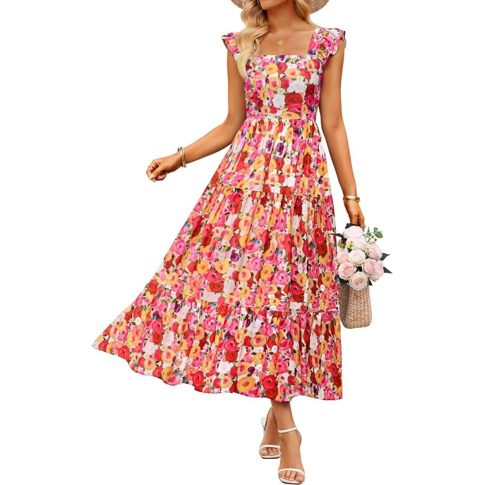 imageZESICA Womens Summer Boho Floral Midi Dress 2026 Casual Ruffle Cap Sleeve Beach Wedding Guest Flowy Tiered Long DressesOrangered