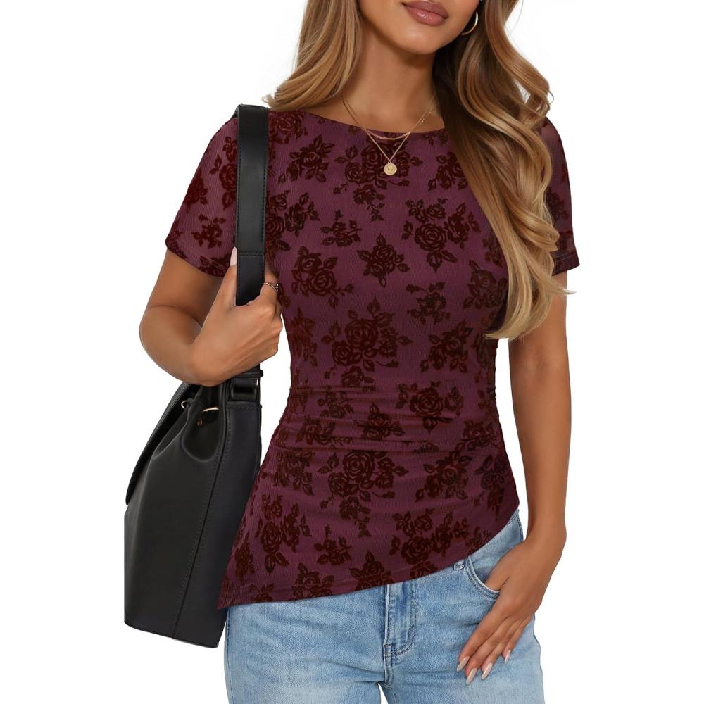 imageZESICA Womens Summer Floral Short Sleeve Tops 2026 Mesh Crewneck Asymmetrical Ruched Fitted Going Out Shirts Y2K ClothesWine