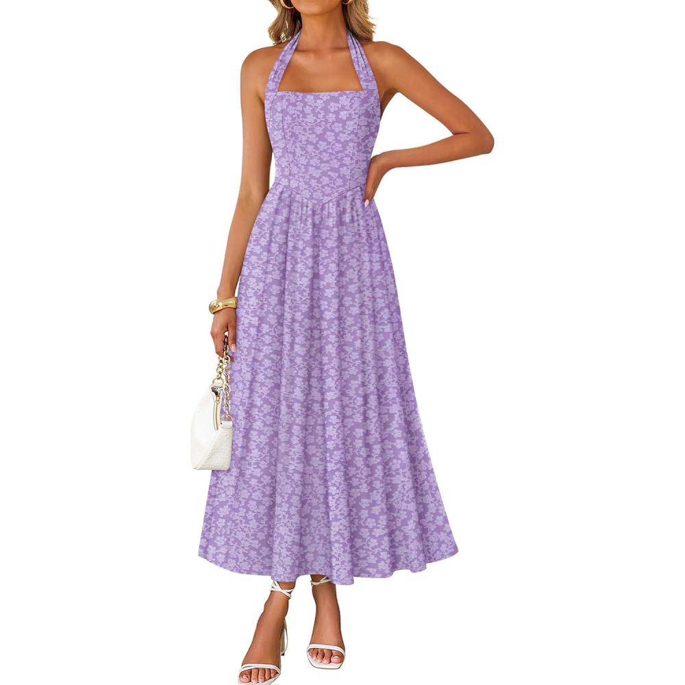 imageZESICA Womens Summer Sleeveless Floral Maxi Dresses 2026 Halter Neck Wedding Guest Cocktail Party Flowy A Line Long DressPurple