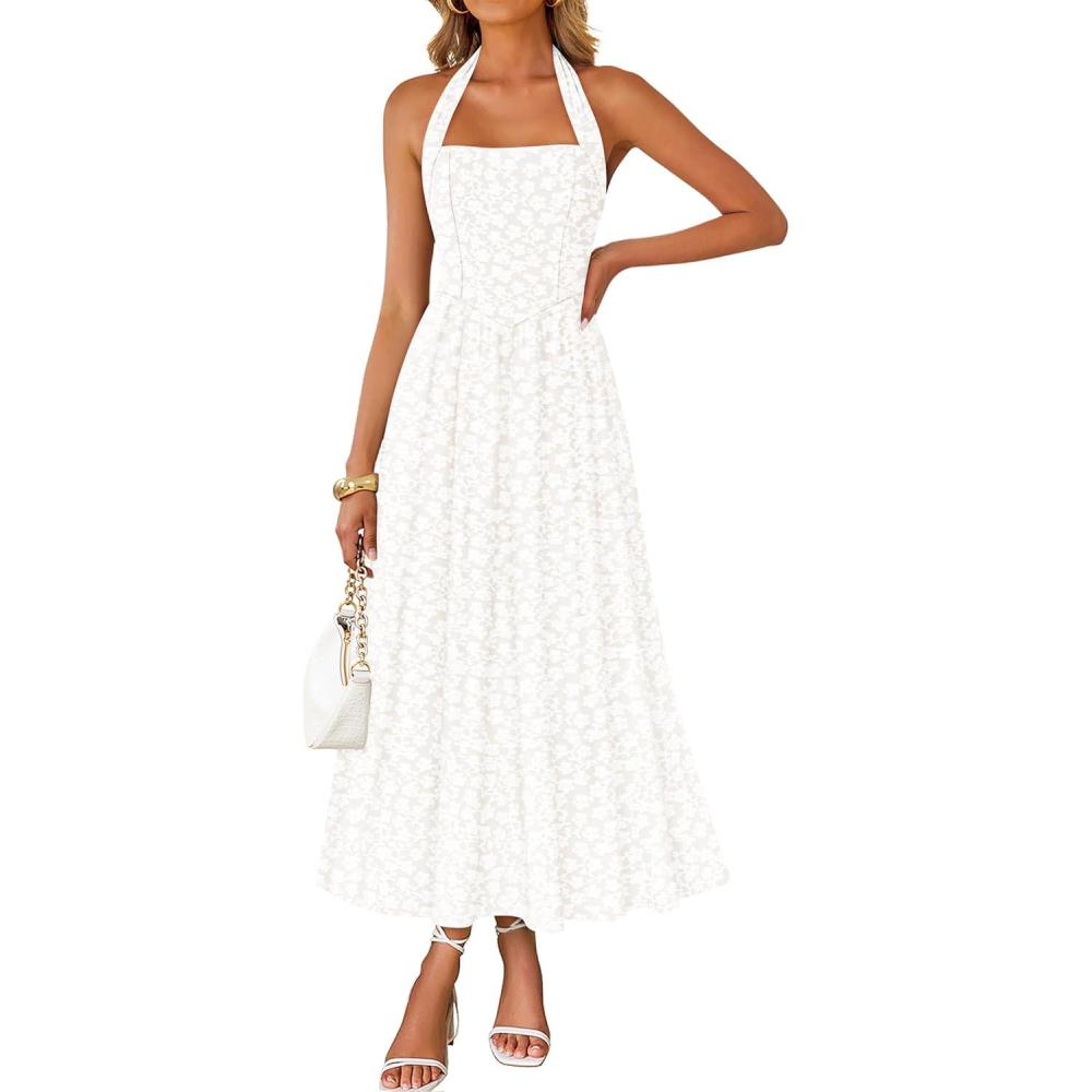 imageZESICA Womens Summer Sleeveless Floral Maxi Dresses 2026 Halter Neck Wedding Guest Cocktail Party Flowy A Line Long DressWhite