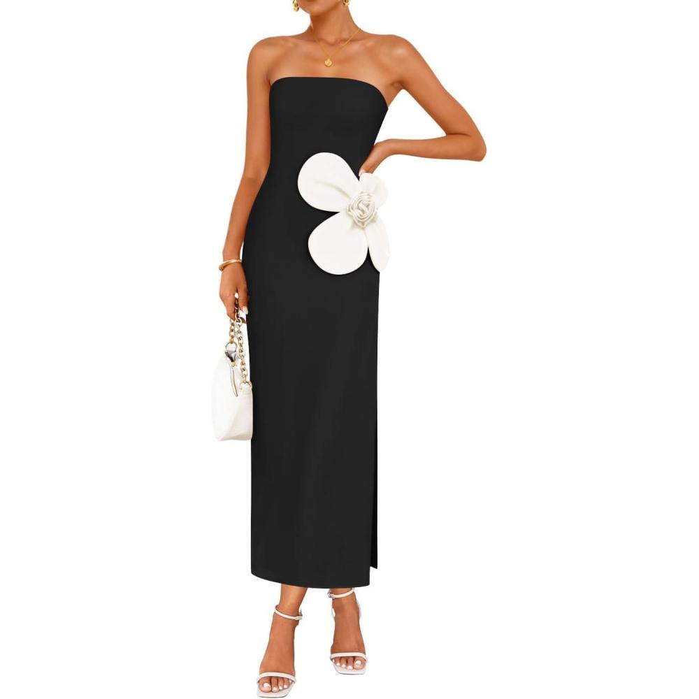 imageZESICA Womens Summer Strapless Bodycon Maxi Dress 2026 Ribbed Knit Backless Floral Tube Cocktail Party Long DressesBlack