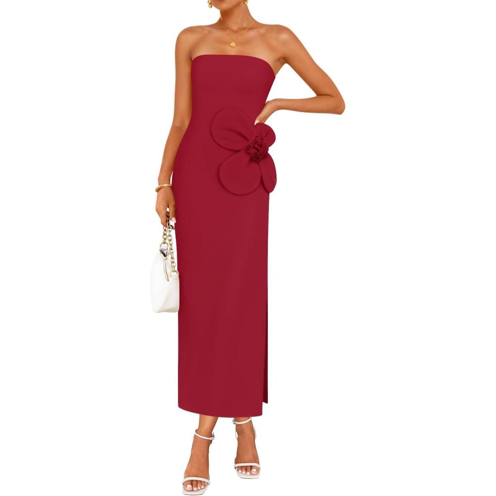 imageZESICA Womens Summer Strapless Bodycon Maxi Dress 2026 Ribbed Knit Backless Floral Tube Cocktail Party Long DressesDark Red