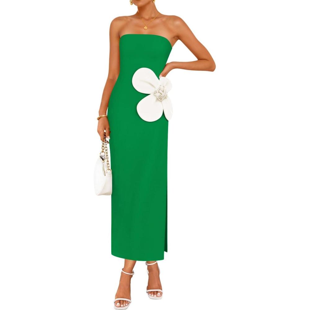 imageZESICA Womens Summer Strapless Bodycon Maxi Dress 2026 Ribbed Knit Backless Floral Tube Cocktail Party Long DressesGreen