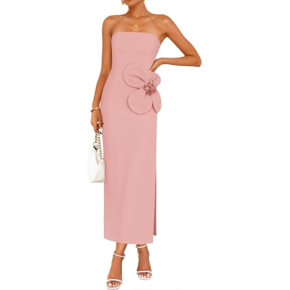 imageZESICA Womens Summer Strapless Bodycon Maxi Dress 2026 Ribbed Knit Backless Floral Tube Cocktail Party Long DressesPink