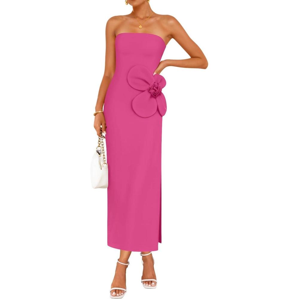 imageZESICA Womens Summer Strapless Bodycon Maxi Dress 2026 Ribbed Knit Backless Floral Tube Cocktail Party Long DressesRose