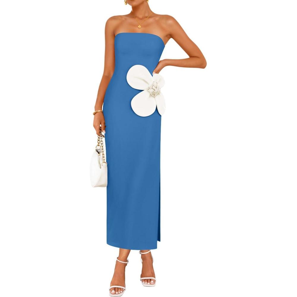 imageZESICA Womens Summer Strapless Bodycon Maxi Dress 2026 Ribbed Knit Backless Floral Tube Cocktail Party Long DressesRoyalblue