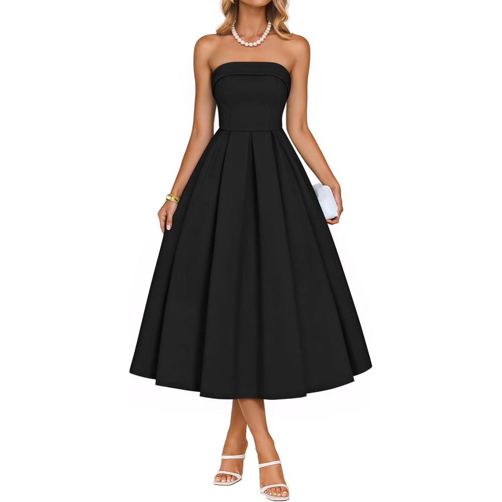 imageZESICA Womens Summer Strapless Cocktail Dresses 2026 Elegant Off Shoulder Flowy A Line Wedding Guest Party Midi DressBlack