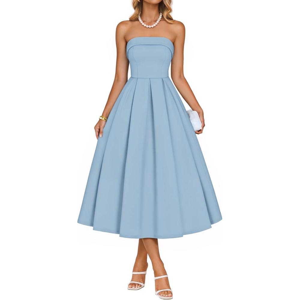 imageZESICA Womens Summer Strapless Cocktail Dresses 2026 Elegant Off Shoulder Flowy A Line Wedding Guest Party Midi DressBlue