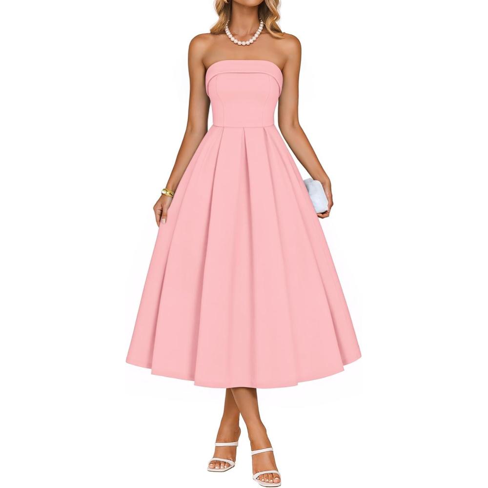 imageZESICA Womens Summer Strapless Cocktail Dresses 2026 Elegant Off Shoulder Flowy A Line Wedding Guest Party Midi DressPink