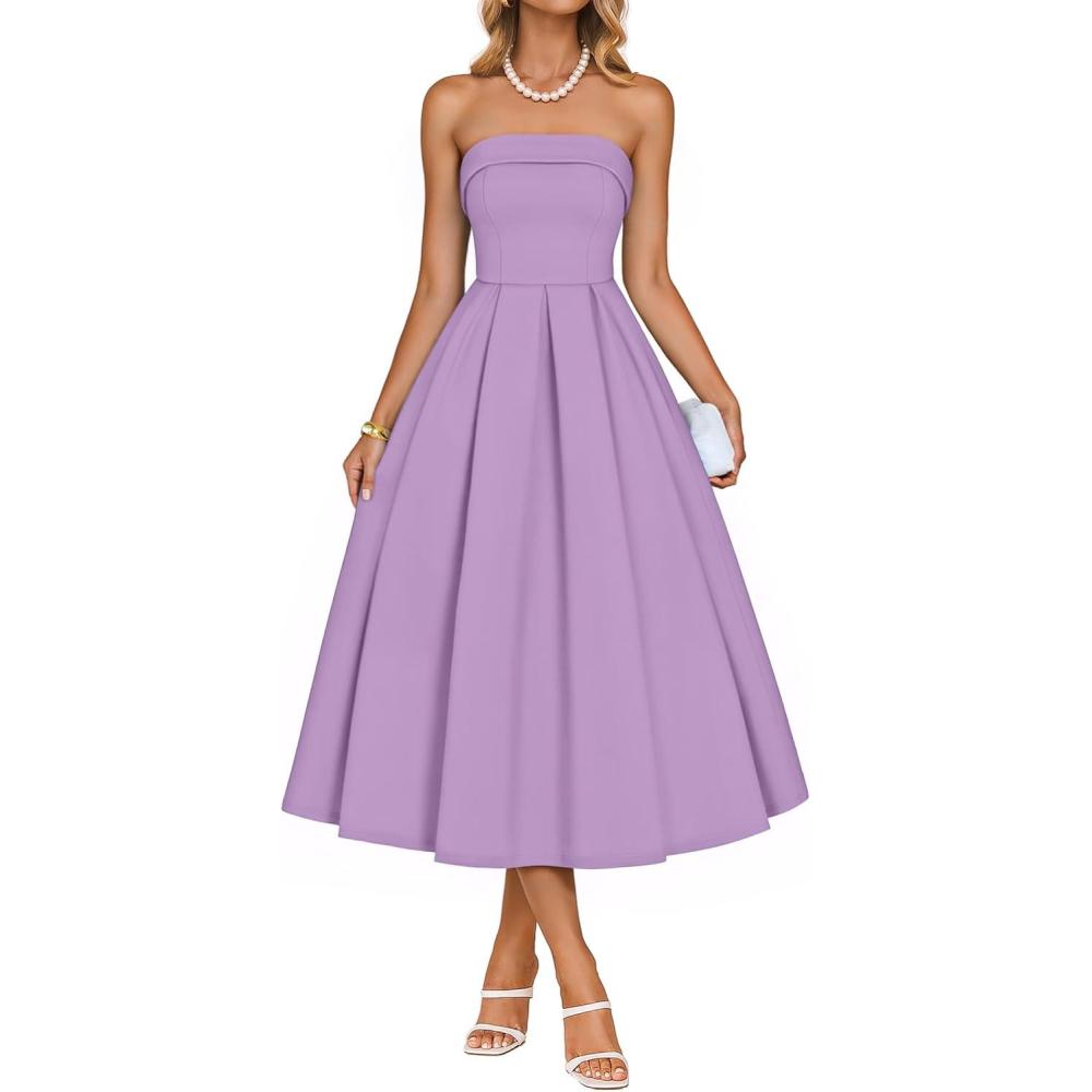 imageZESICA Womens Summer Strapless Cocktail Dresses 2026 Elegant Off Shoulder Flowy A Line Wedding Guest Party Midi DressPurple
