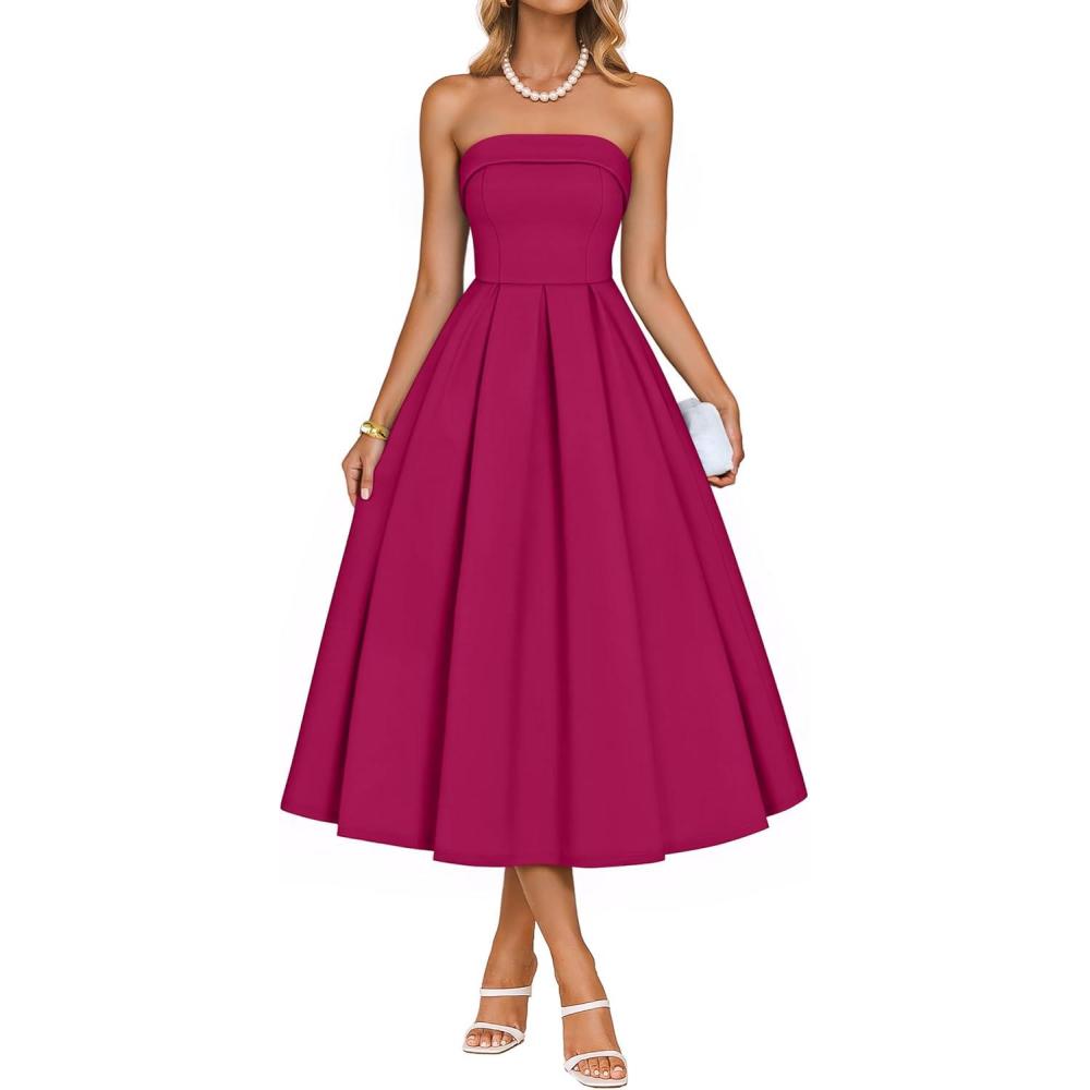 imageZESICA Womens Summer Strapless Cocktail Dresses 2026 Elegant Off Shoulder Flowy A Line Wedding Guest Party Midi DressRose