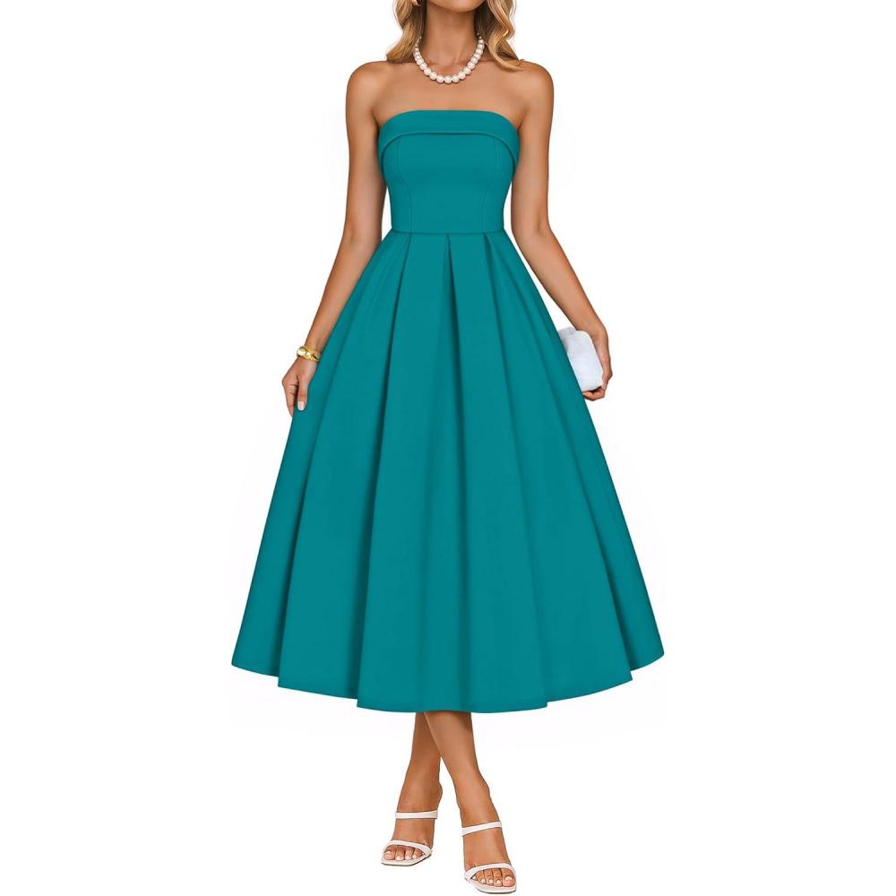 imageZESICA Womens Summer Strapless Cocktail Dresses 2026 Elegant Off Shoulder Flowy A Line Wedding Guest Party Midi DressTeal