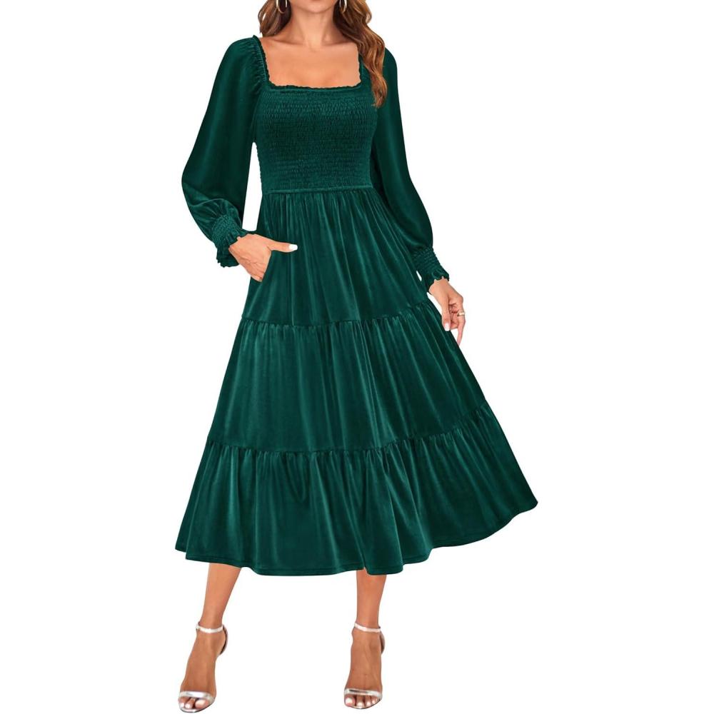 imageZESICA Womens Velvet Long Sleeve Dresses 2026 Winter Square Neck Smocked Ruffle A Line Flowy Cocktail Party Midi DressDark Green
