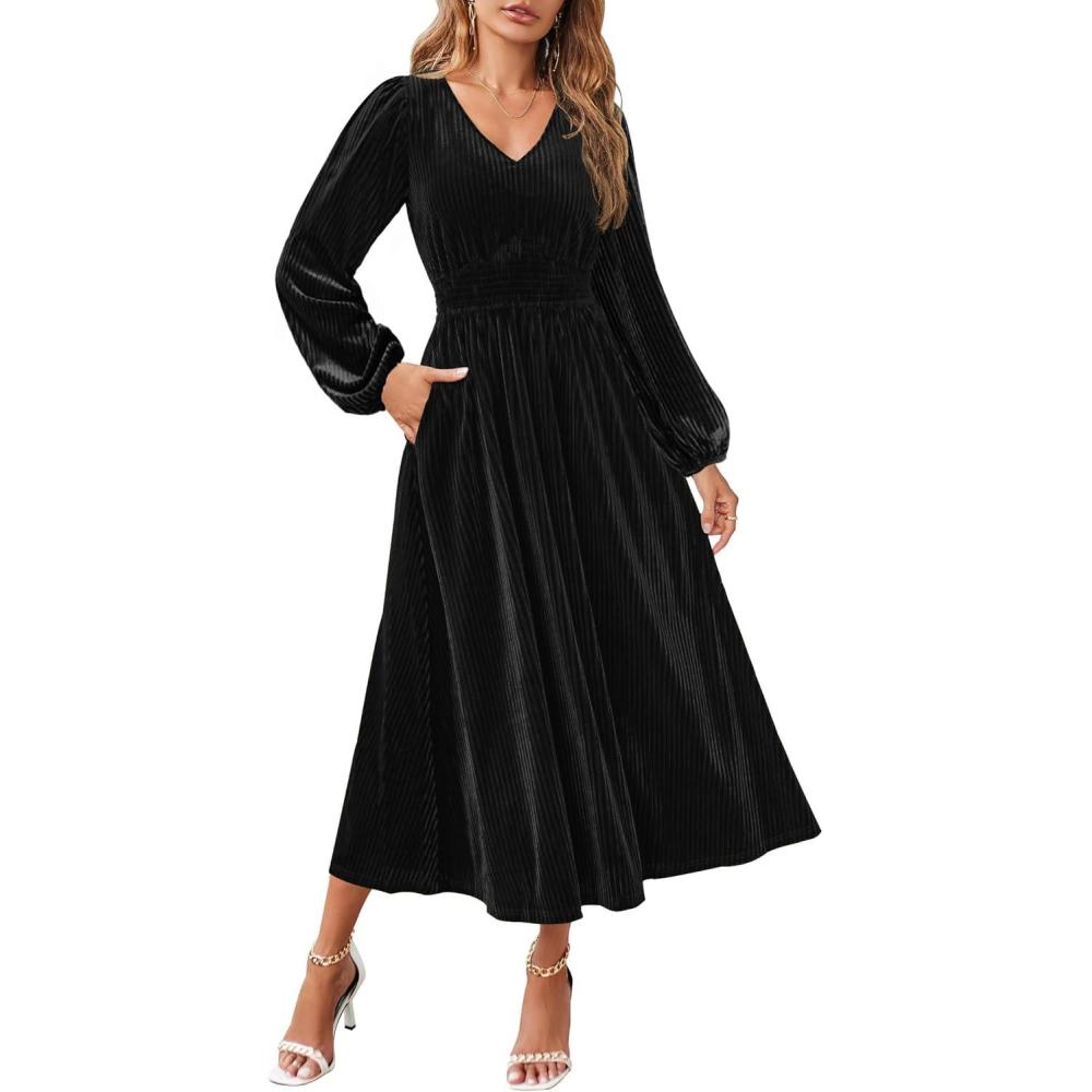 imageZESICA Womens Velvet Midi Dress 2026 Casual V Neck Long Sleeve Solid Color Elastic High Waist Flowy Evening Party DressesBlack