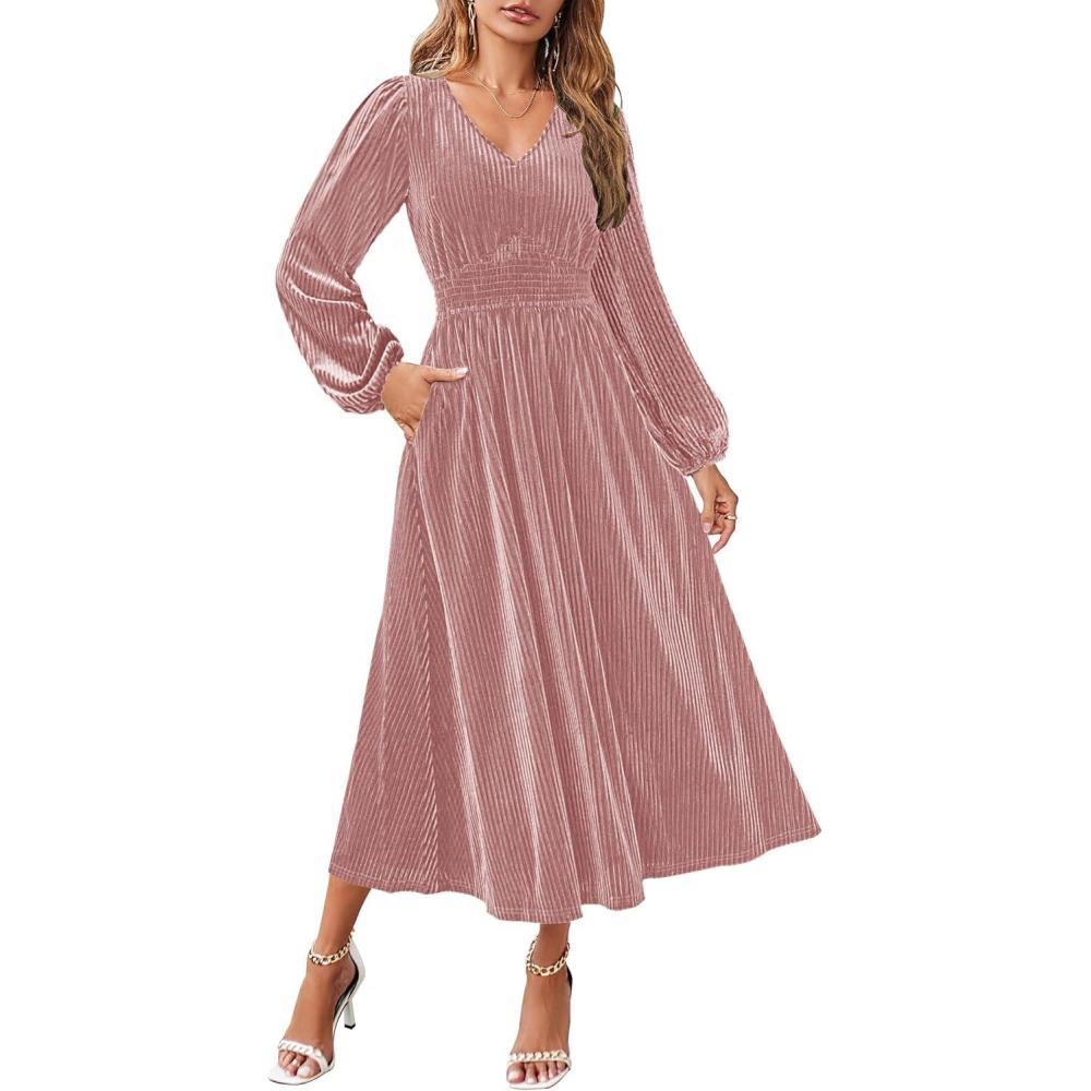 imageZESICA Womens Velvet Midi Dress 2026 Casual V Neck Long Sleeve Solid Color Elastic High Waist Flowy Evening Party DressesDusty Pink
