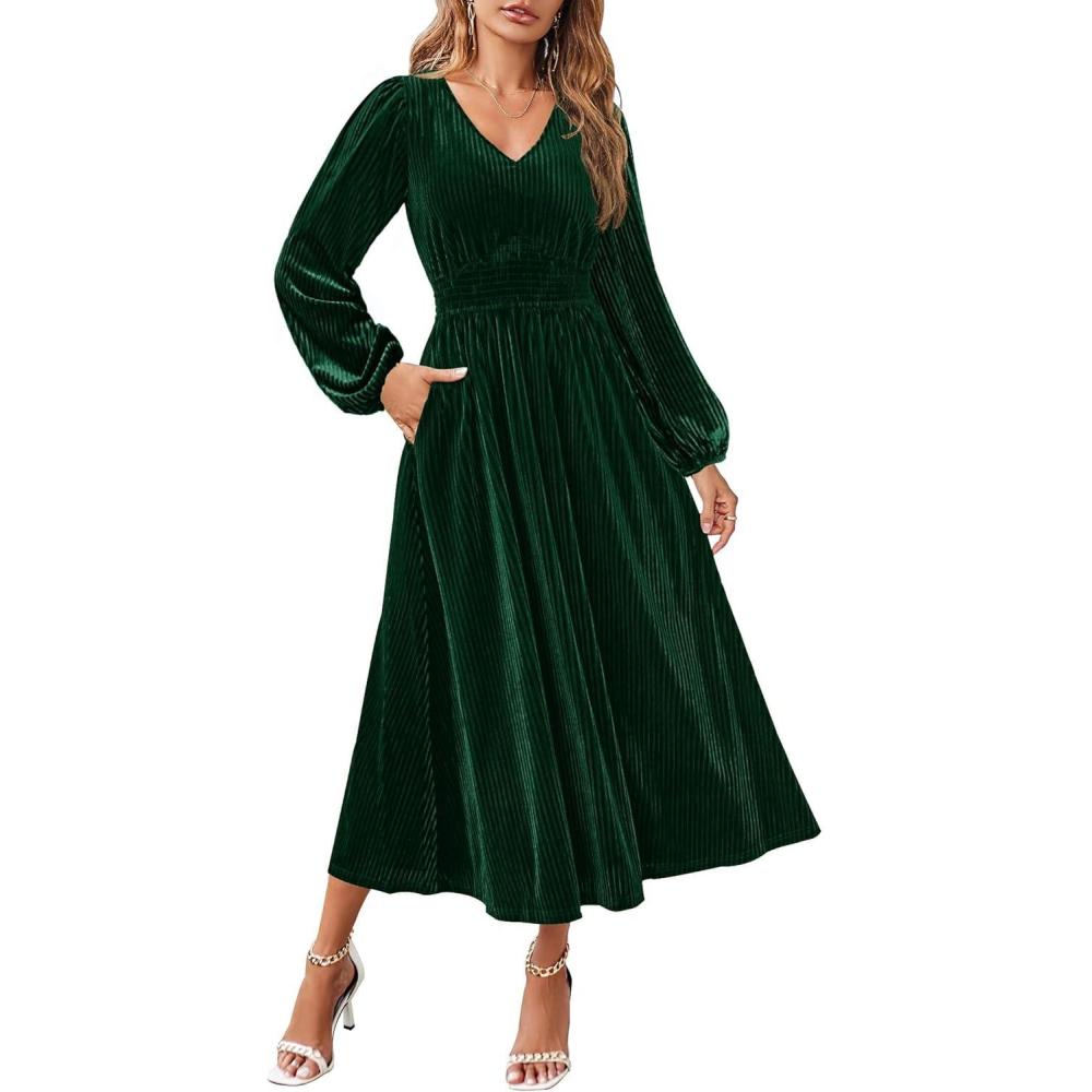 imageZESICA Womens Velvet Midi Dress 2026 Casual V Neck Long Sleeve Solid Color Elastic High Waist Flowy Evening Party DressesGreen