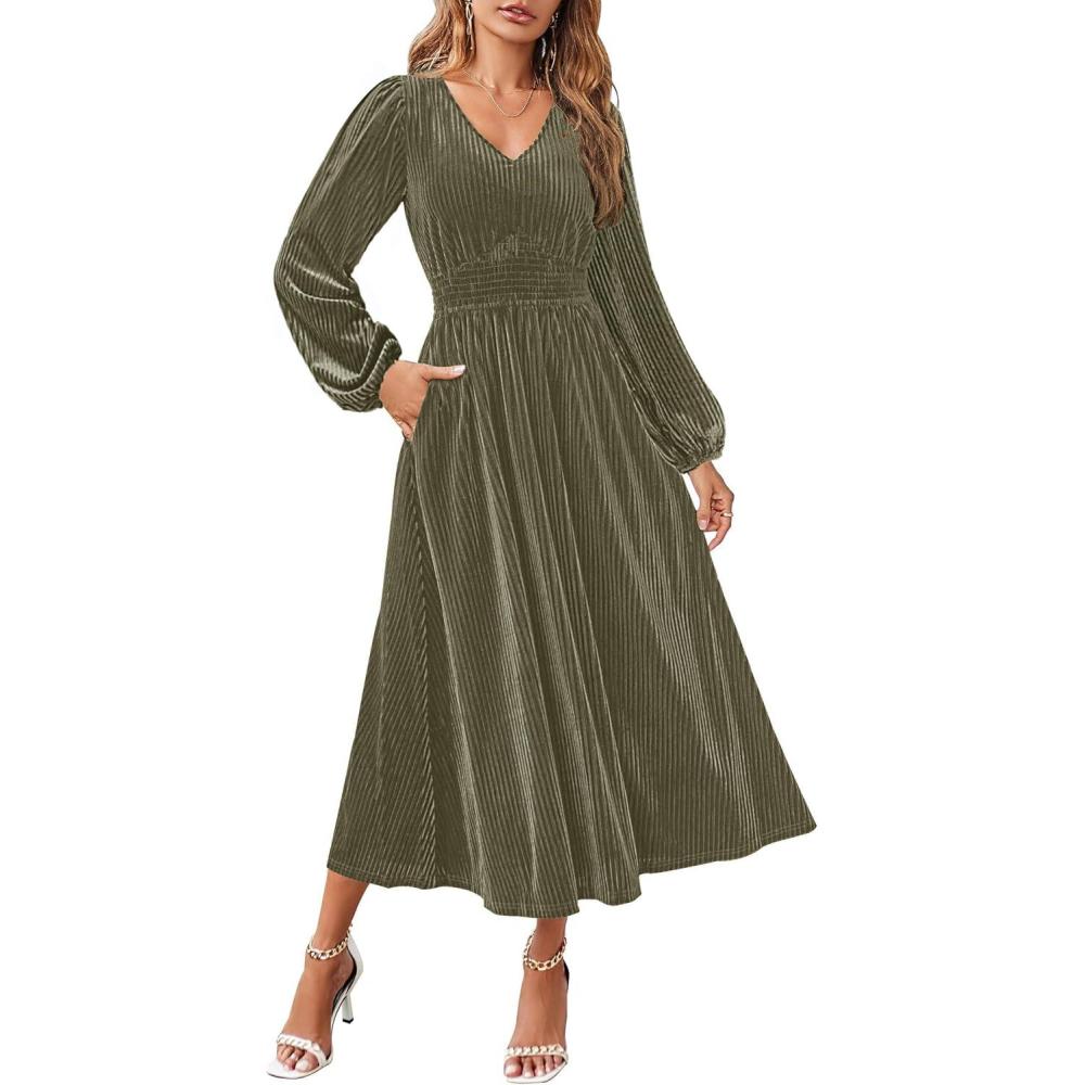 imageZESICA Womens Velvet Midi Dress 2026 Casual V Neck Long Sleeve Solid Color Elastic High Waist Flowy Evening Party DressesOlive Green