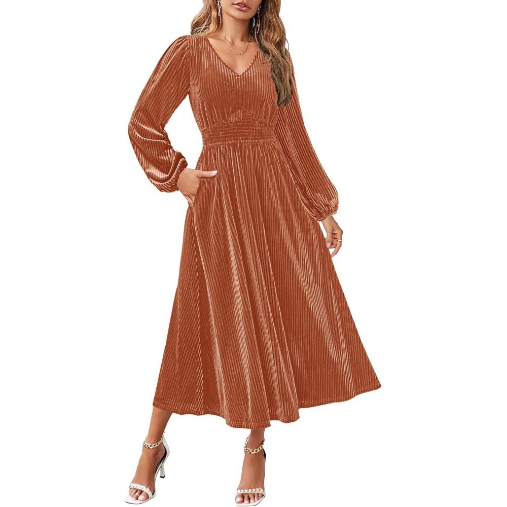 imageZESICA Womens Velvet Midi Dress 2026 Casual V Neck Long Sleeve Solid Color Elastic High Waist Flowy Evening Party DressesOrange Red