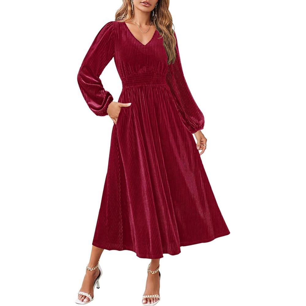 imageZESICA Womens Velvet Midi Dress 2026 Casual V Neck Long Sleeve Solid Color Elastic High Waist Flowy Evening Party DressesWine Red