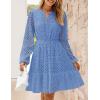 ZESICA Women’s 2026 Long Sleeve Mini Dress Fall V Neck Hollow Out Eyelet Embroidery Ruffle A Line Swing Short Dresses(Blue)