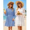 ZESICA Women’s 2026 Long Sleeve Mini Dress Fall V Neck Hollow Out Eyelet Embroidery Ruffle A Line Swing Short Dresses(Blue)