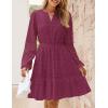 ZESICA Women’s 2026 Long Sleeve Mini Dress Fall V Neck Hollow Out Eyelet Embroidery Ruffle A Line Swing Short Dresses(Fuchsia)