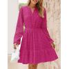 ZESICA Women’s 2026 Long Sleeve Mini Dress Fall V Neck Hollow Out Eyelet Embroidery Ruffle A Line Swing Short Dresses(Rose)